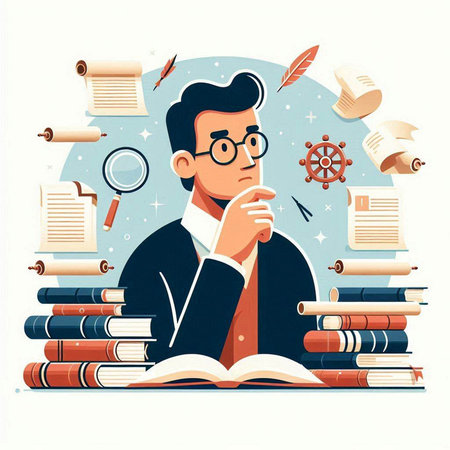 Reading and learning concept. Vector illustration in flat cartoon style. Man with glasses and books and magnifier.のイラスト素材
