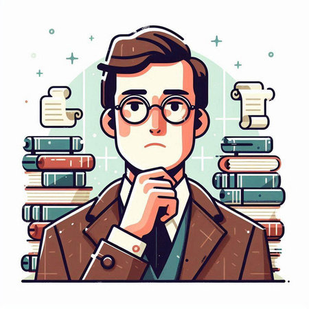 Vector illustration of a man in a coat and glasses on the background of books.のイラスト素材