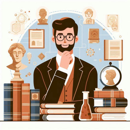 Lawyer in office. Vector illustration in flat style. Man with glasses and books.のイラスト素材