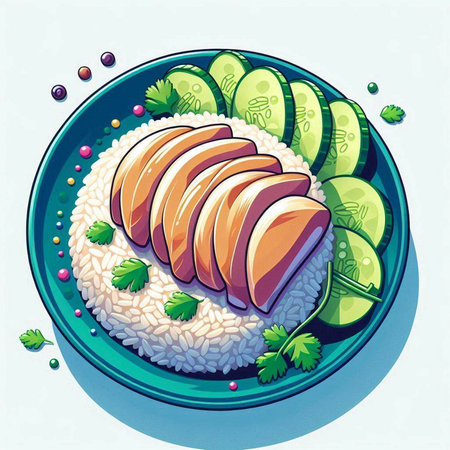 Illustration of a bowl of rice with salmon, cucumber and parsleyのイラスト素材