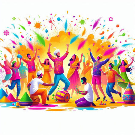 Happy Holi festival background with group of people dancing. Vector illustration.のイラスト素材