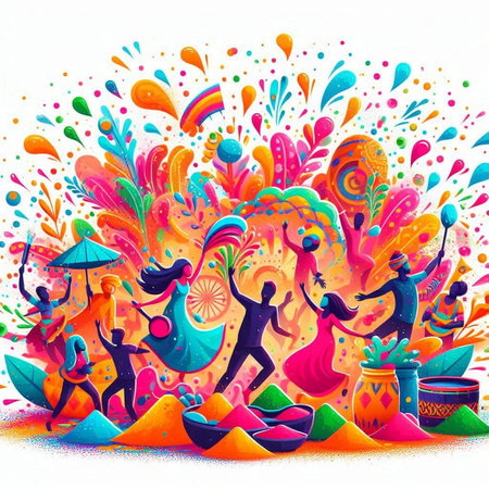 Indian festival Holi background with dancing people. Colorful vector illustration.のイラスト素材