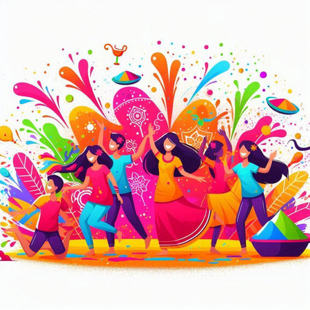 Indian people celebrating Holi festival. Happy Holi vector illustration.のイラスト素材