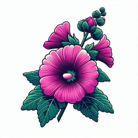 Pink hollyhock flowers isolated on white background. Vector illustration.のイラスト素材