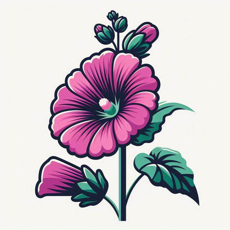 Pink hibiscus flower with green leaves. Vector illustration.のイラスト素材