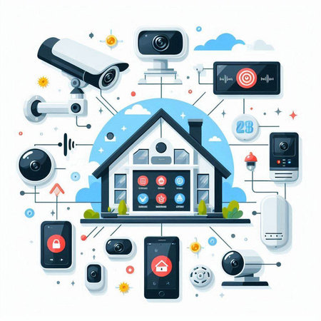 Smart home concept with security camera, smart house and CCTV camera. Vector illustration.のイラスト素材