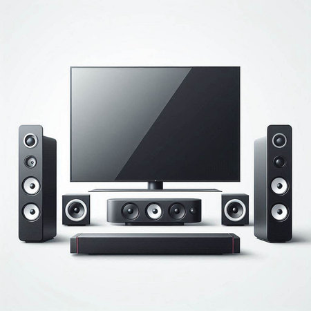 Set of black speakers and tv on white background. Vector illustration.のイラスト素材