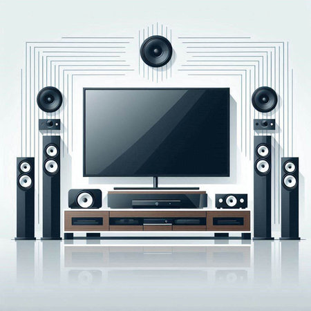 Home theater system with speakers and TV on the wall. Vector illustration.のイラスト素材