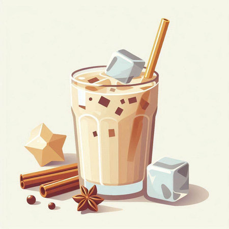 Iced coffee with ice cubes and cinnamon sticks. Vector illustration.のイラスト素材