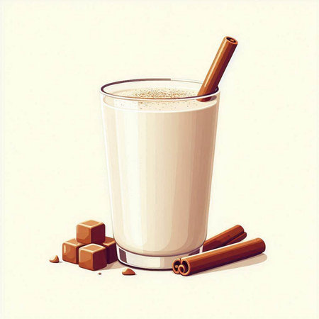 Illustration of a glass of milk with cinnamon stick and sugar cubesのイラスト素材