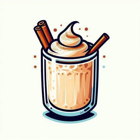Coffee latte cup with whipped cream and cinnamon sticks. Vector illustration.のイラスト素材