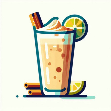 Vector illustration of a glass of orange smoothie decorated with cinnamon sticks and lime slices.のイラスト素材