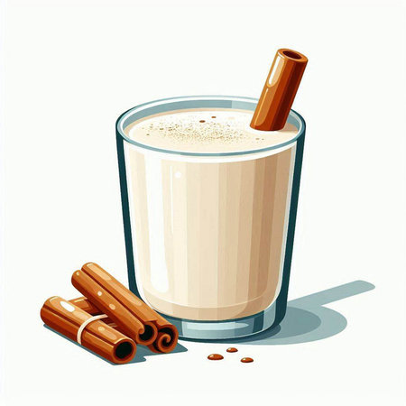 Illustration of a glass of milk with cinnamon sticks and coffee beansのイラスト素材