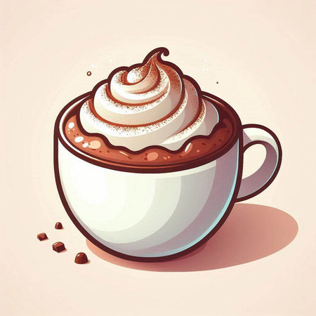 Illustration of a cup of hot cocoa with whipped cream and coffee beansのイラスト素材