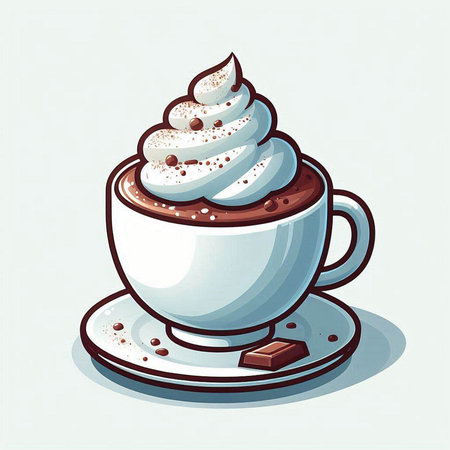 Cup of coffee with whipped cream and chocolate, vector illustration.のイラスト素材