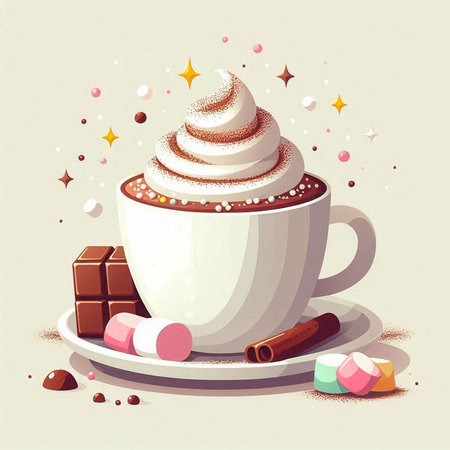 Illustration of a cup of hot chocolate with whipped cream and candiesのイラスト素材