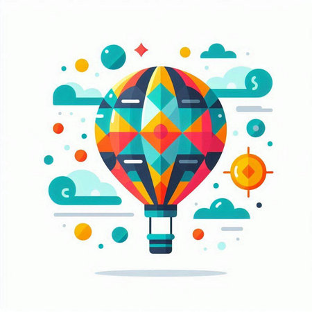 Colorful hot air balloon with geometric shapes. Flat vector illustration.のイラスト素材
