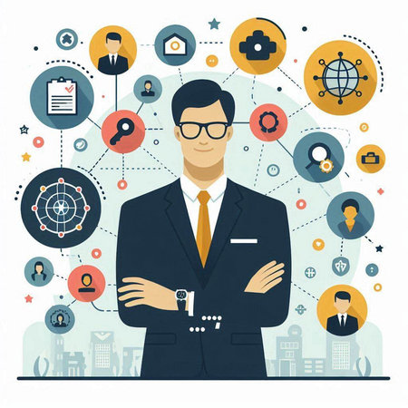 Businessman in suit and glasses standing with crossed arms. Vector illustration.のイラスト素材