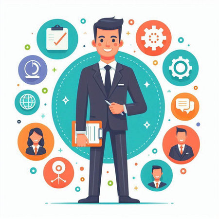Businessman character in flat design. Vector illustration for web, site, advertising, banner, poster and print.のイラスト素材