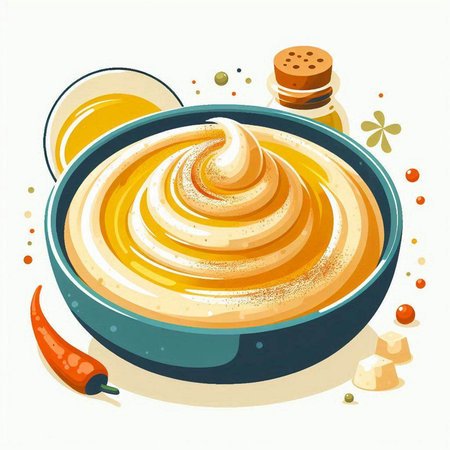 Mustard sauce in a bowl. Vector illustration on white background.のイラスト素材