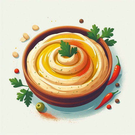 Bowl of hummus with paprika and parsley. Vector illustration.のイラスト素材