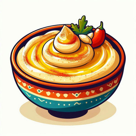 Bowl of hummus on a white background. Vector illustration.のイラスト素材