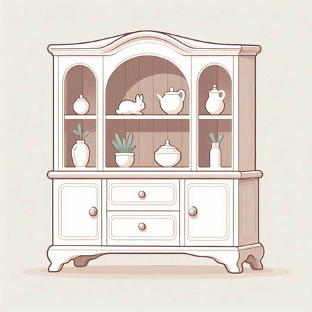 Cabinet with books and vases. Vector illustration in vintage style.のイラスト素材