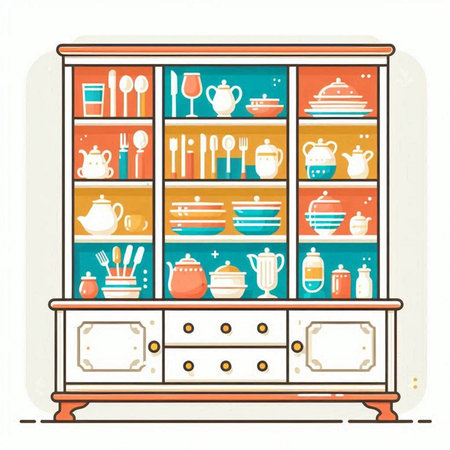 Cabinet with dishes and utensils. Vector illustration.のイラスト素材