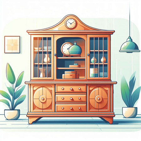 Illustration of a vintage wooden cupboard with a clock on itのイラスト素材