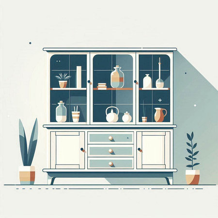 Kitchen interior design with furniture and plants. Vector illustration in flat style.のイラスト素材
