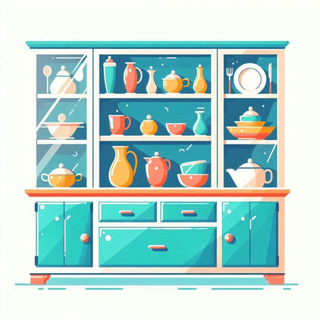 Kitchen shelves with utensils. Vector illustration in flat styleのイラスト素材