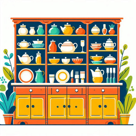 Cupboard with dishes and utensils. Vector illustration.のイラスト素材