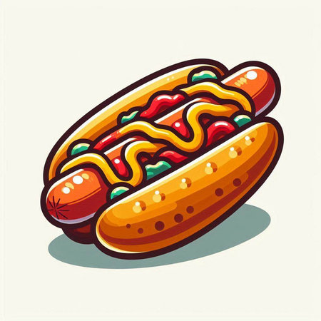 Hot dog with mustard, ketchup and mayonnaise. Vector illustration.のイラスト素材