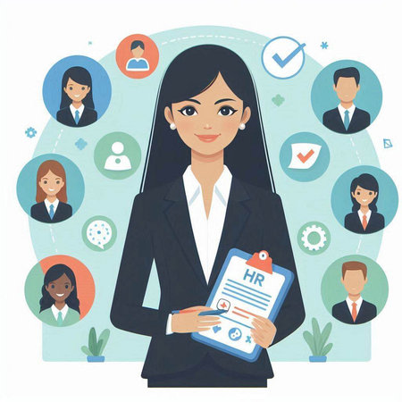 Businesswoman holding clipboard with checklist and icons around her vector illustration.のイラスト素材