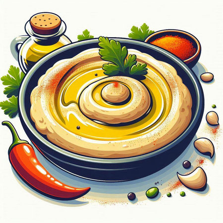 Hummus in a frying pan with spices and herbs. Vector illustration.のイラスト素材
