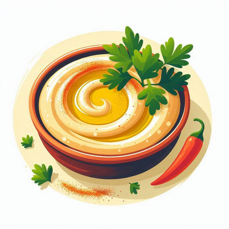 Hummus in bowl with parsley and chili pepper. Vector illustration.のイラスト素材
