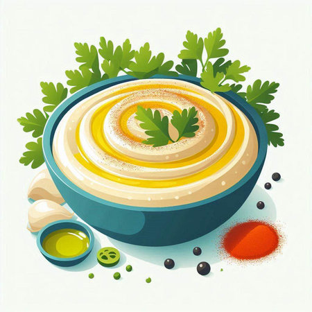 Bowl of hummus with parsley and spices. Vector illustration.のイラスト素材