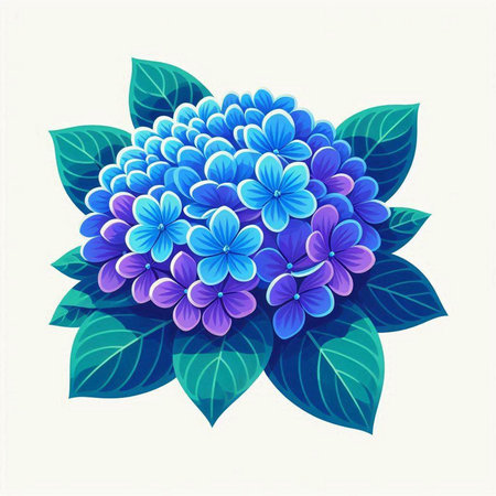 Beautiful blue hydrangea with green leaves. Vector illustration.のイラスト素材