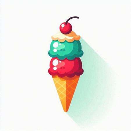 Ice cream in a waffle cone with cherry. Vector illustration.のイラスト素材