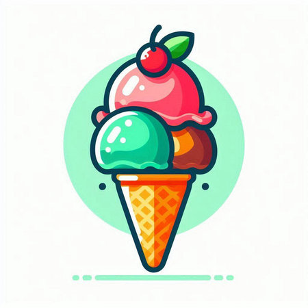 Ice cream cone with cherry and mint. Vector illustration in flat styleのイラスト素材