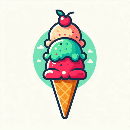 Ice cream in waffle cone with cherry. Vector flat illustration.のイラスト素材