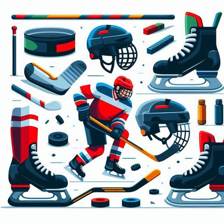 Hockey sport equipment and equipment background. Vector illustration in cartoon style.のイラスト素材