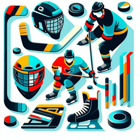 Hockey icons. Vector illustration of hockey equipment. Set of hockey elements.のイラスト素材