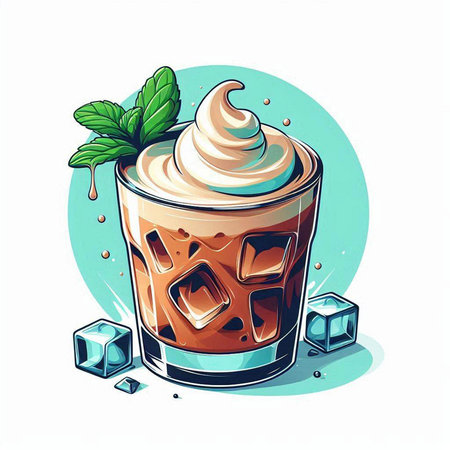 Iced coffee with whipped cream and ice cubes. Vector illustration.のイラスト素材