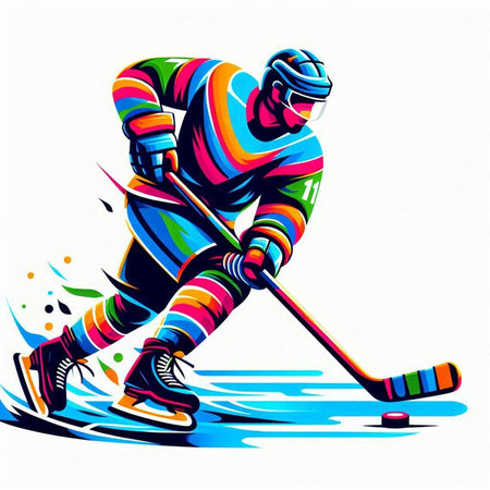 Ice hockey player with the stick and puck. Colorful vector illustration.のイラスト素材