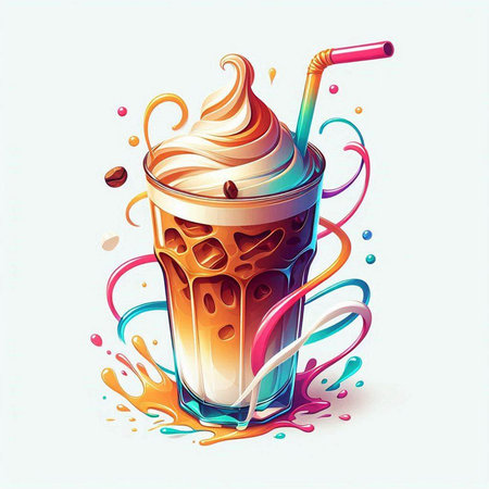 Iced coffee with whipped cream and milk splash. Vector illustration.のイラスト素材