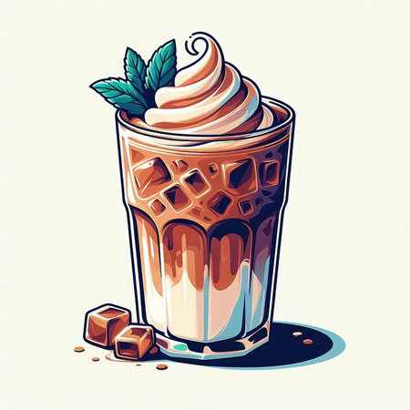 Iced coffee with whipped cream in a glass. Vector illustration.のイラスト素材