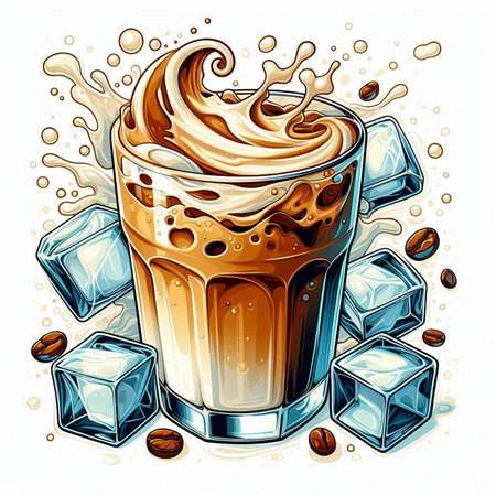 Coffee latte in a glass with ice cubes. Vector illustration.のイラスト素材