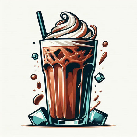Iced chocolate with whipped cream and ice cubes. Vector illustration.のイラスト素材