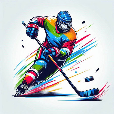 Ice hockey player with the stick and puck. Colorful vector illustration.のイラスト素材